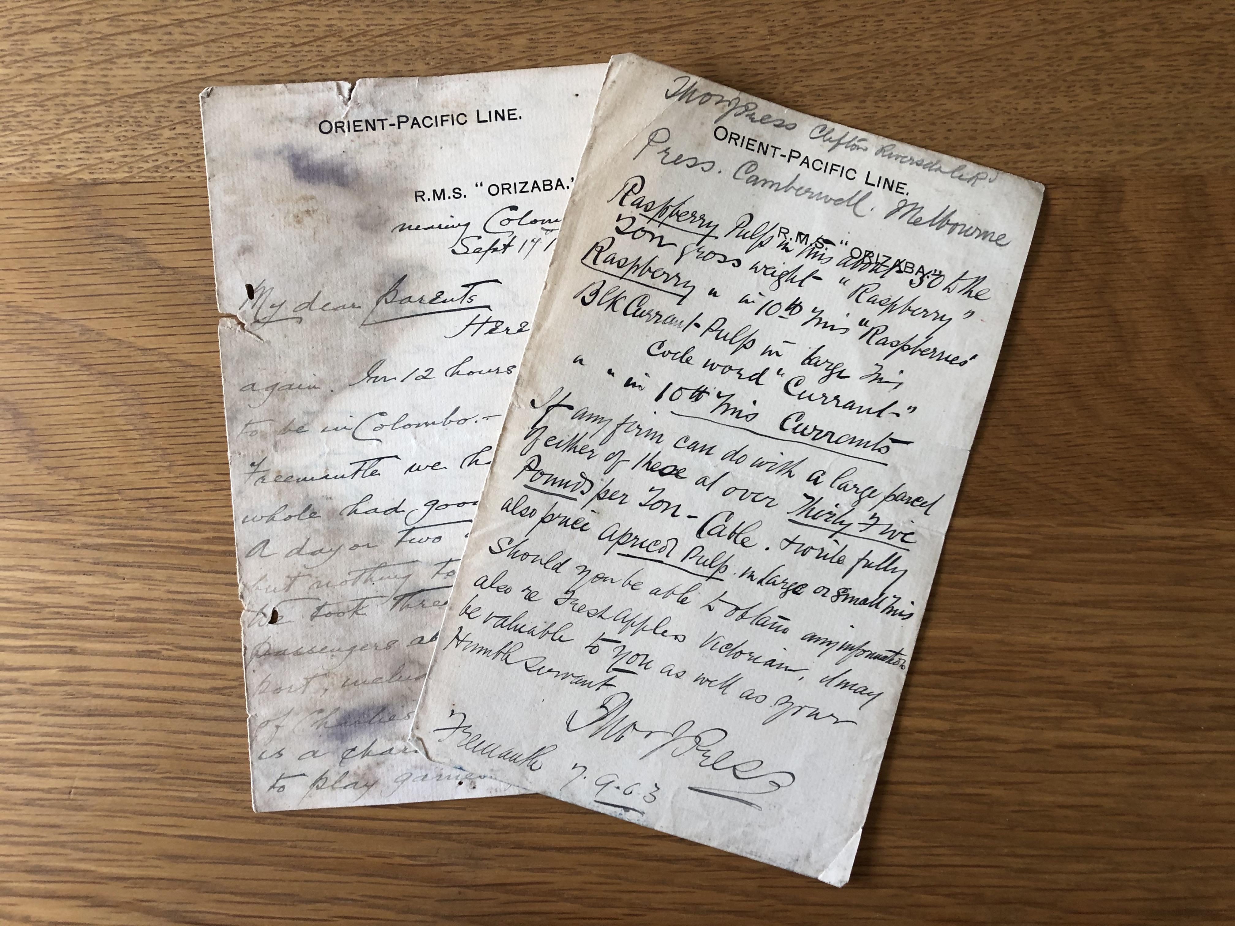 ORIGINAL OLD LETTER WRITTEN FROM ONBOARD THE ROYAL MAIL LINE VESSEL THE ORIZABA SEPTEMBER 1903